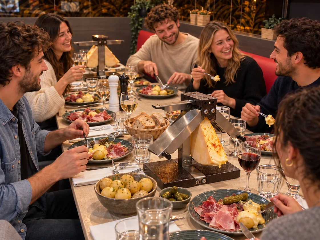 Tafel van acht rond een racletteapparaat met een kwart kaas, met charcuterie, aardappelen en augurken, in een zaal van Les Variétés (illustratie, fictieve personages)